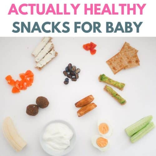 healthy baby snacks scattered on a white background with title above
