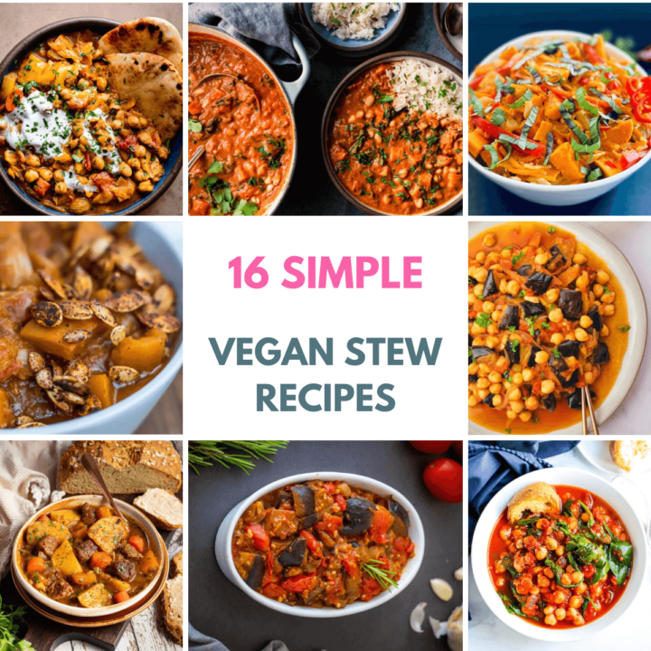 collage of 8 photos showing different vegan stews and a title in the middle