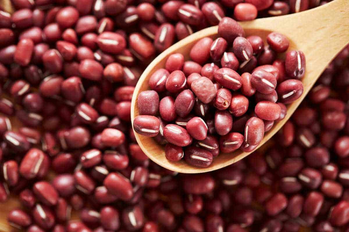 A bunch of adzuki beans with some in a wooden spoon