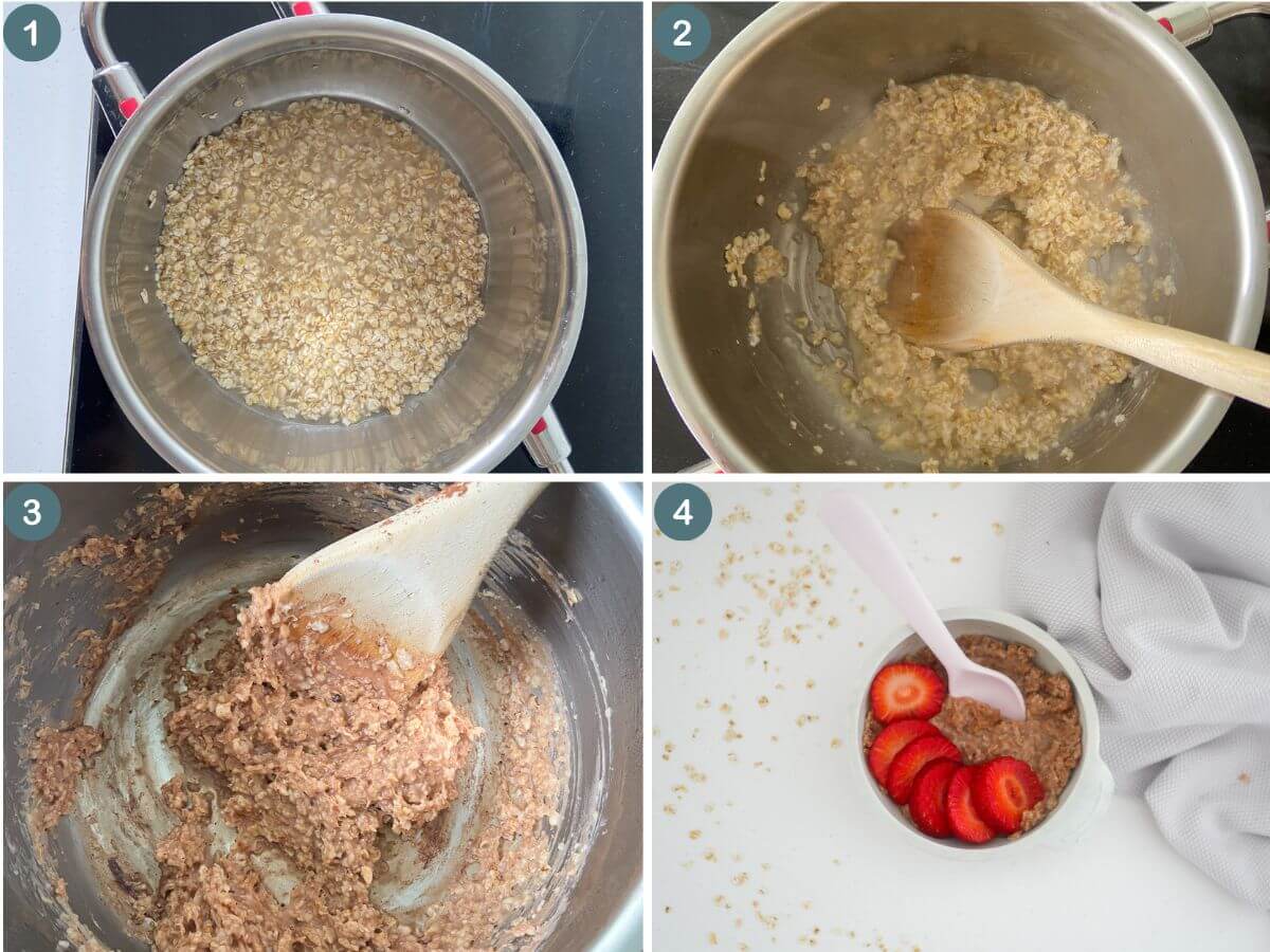 collage of 4 photos showing the 4 steps to make this oatmeal 