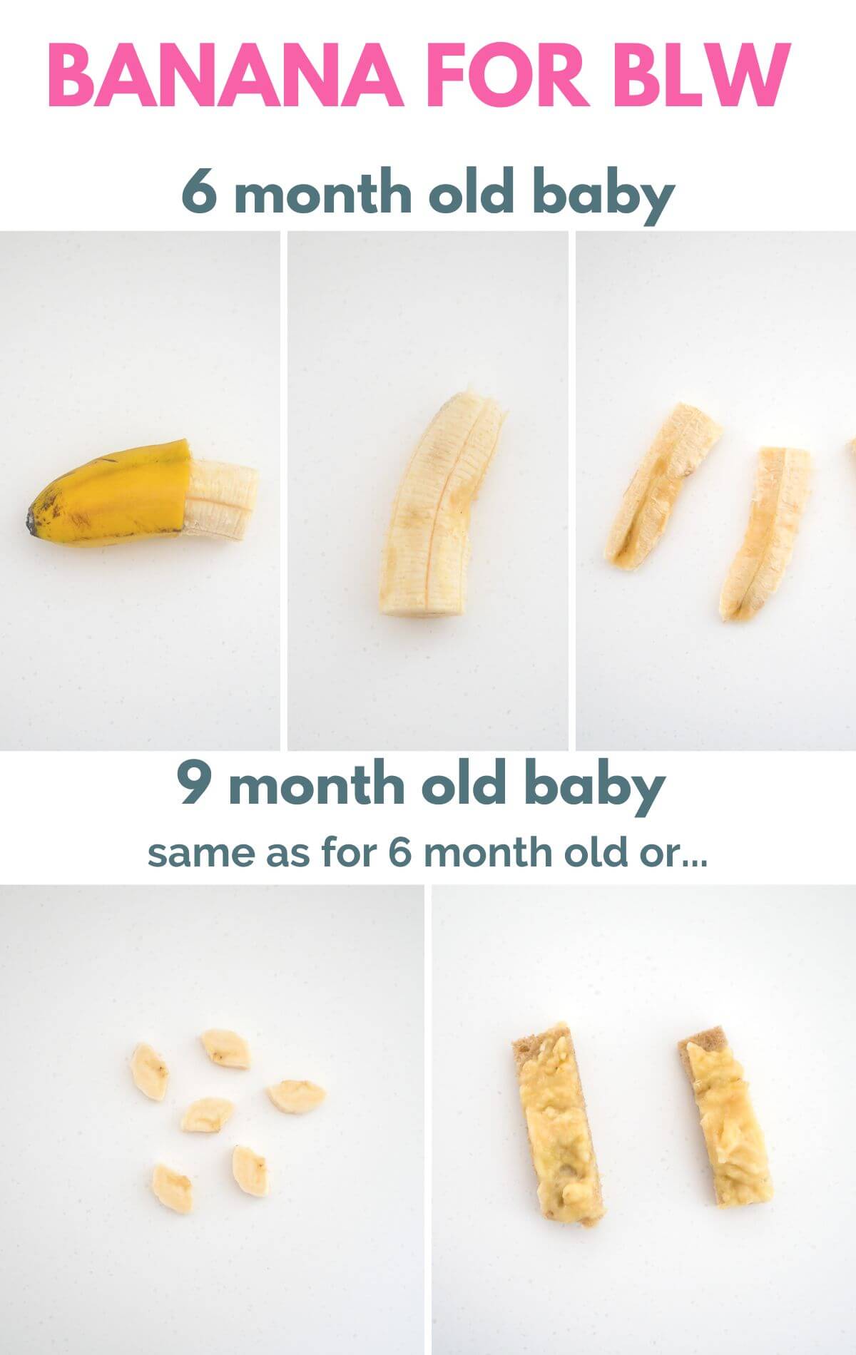 collage of how to cut banana for baby led weaning for 6 month old baby and for 9 month old baby 