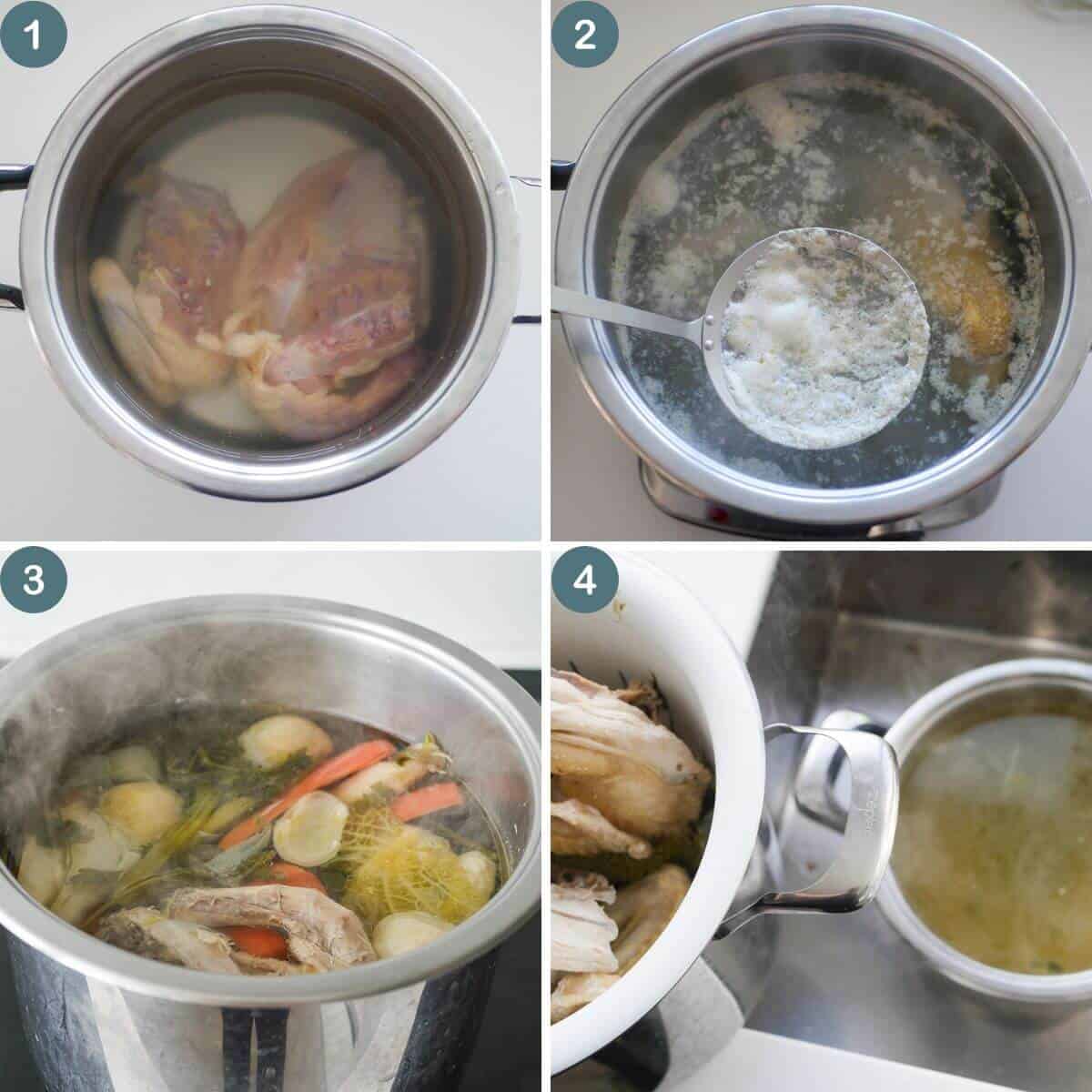 step by step process shots on how to make clear chicken soup / broth 