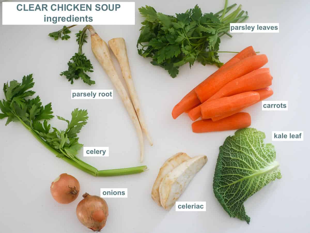 ingredients for the chicken broth on a white background