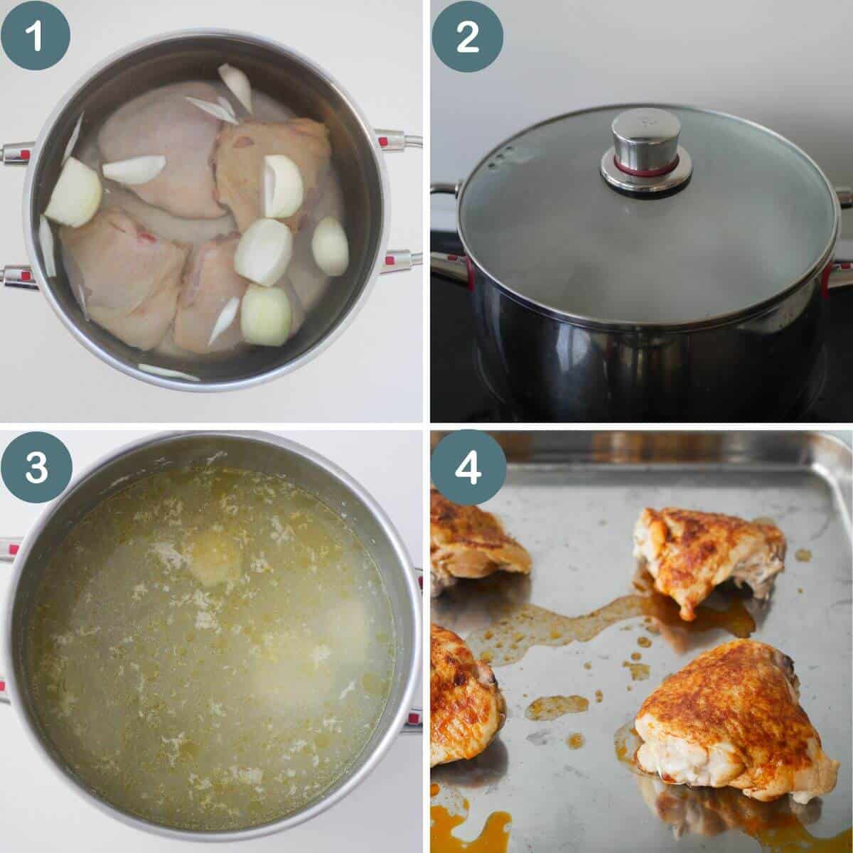 Step by step photos showing the process of how to boil chicken thighs 