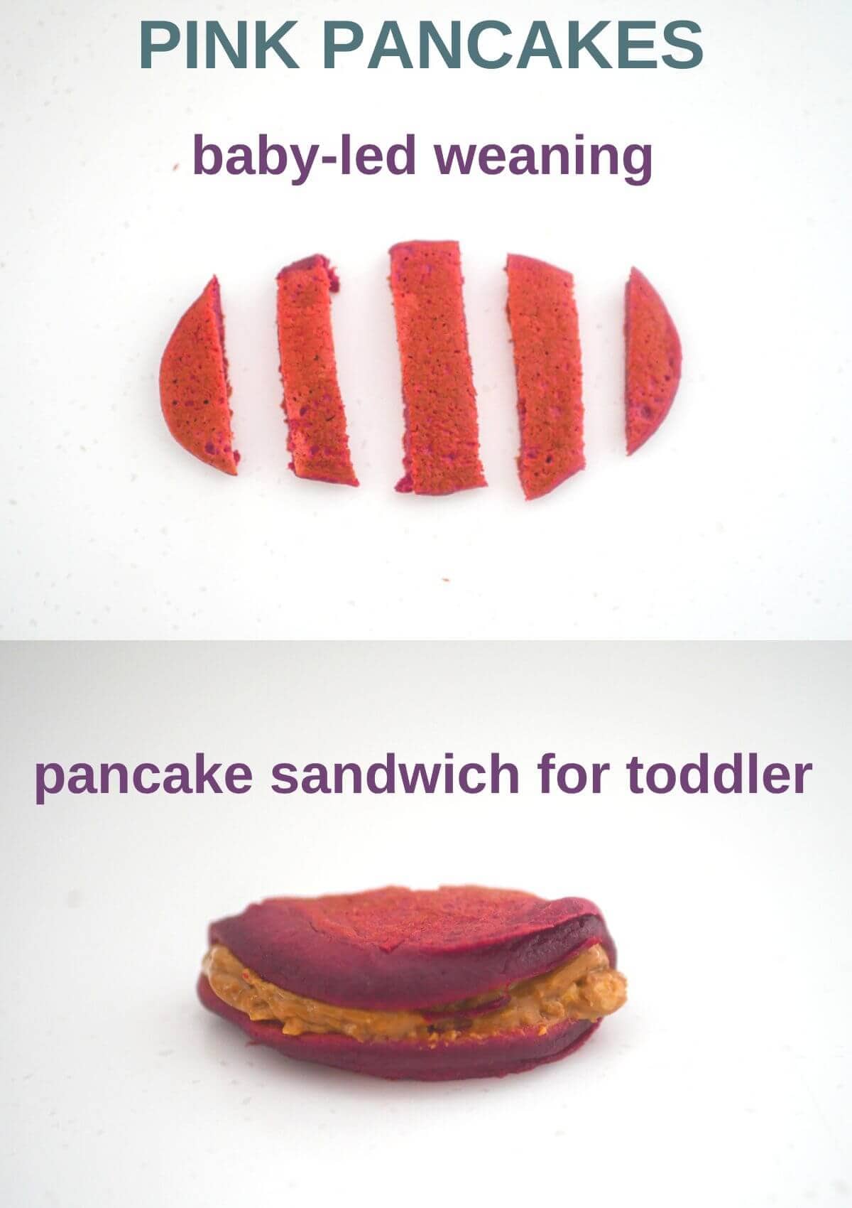 collage showing top image on how to serve the pancakes baby-led weaning and bottom image showing it as a sandwich with nut butter for toddler 