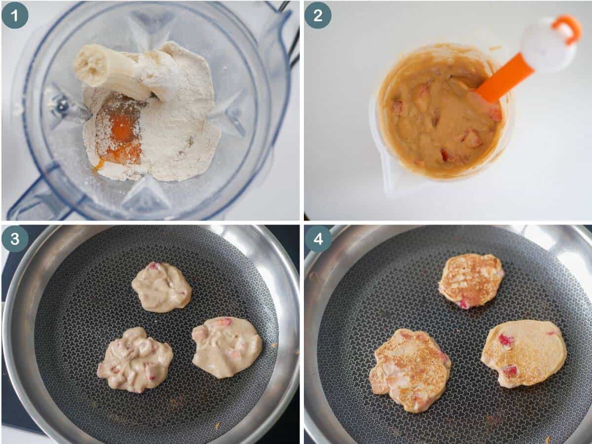 collage of step by step photos on how to make strawberry banana pancakes 