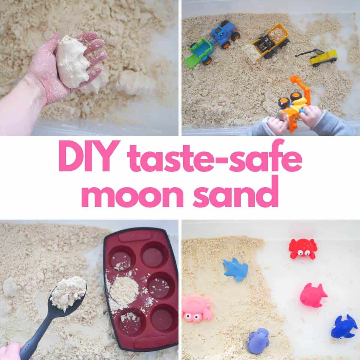 image with title and 4 ways showing how to use the taste-safe moon sand 