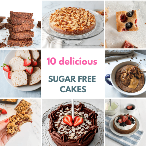 collage of 8 photos of sugar free cakes and a title in the middle