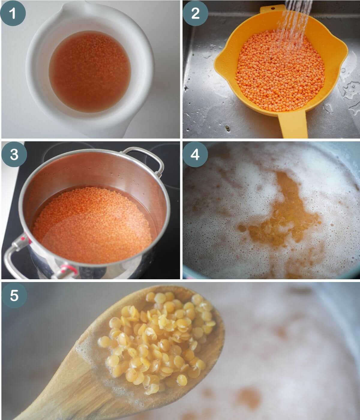 step by step collage of photos showing how to cook red lentils