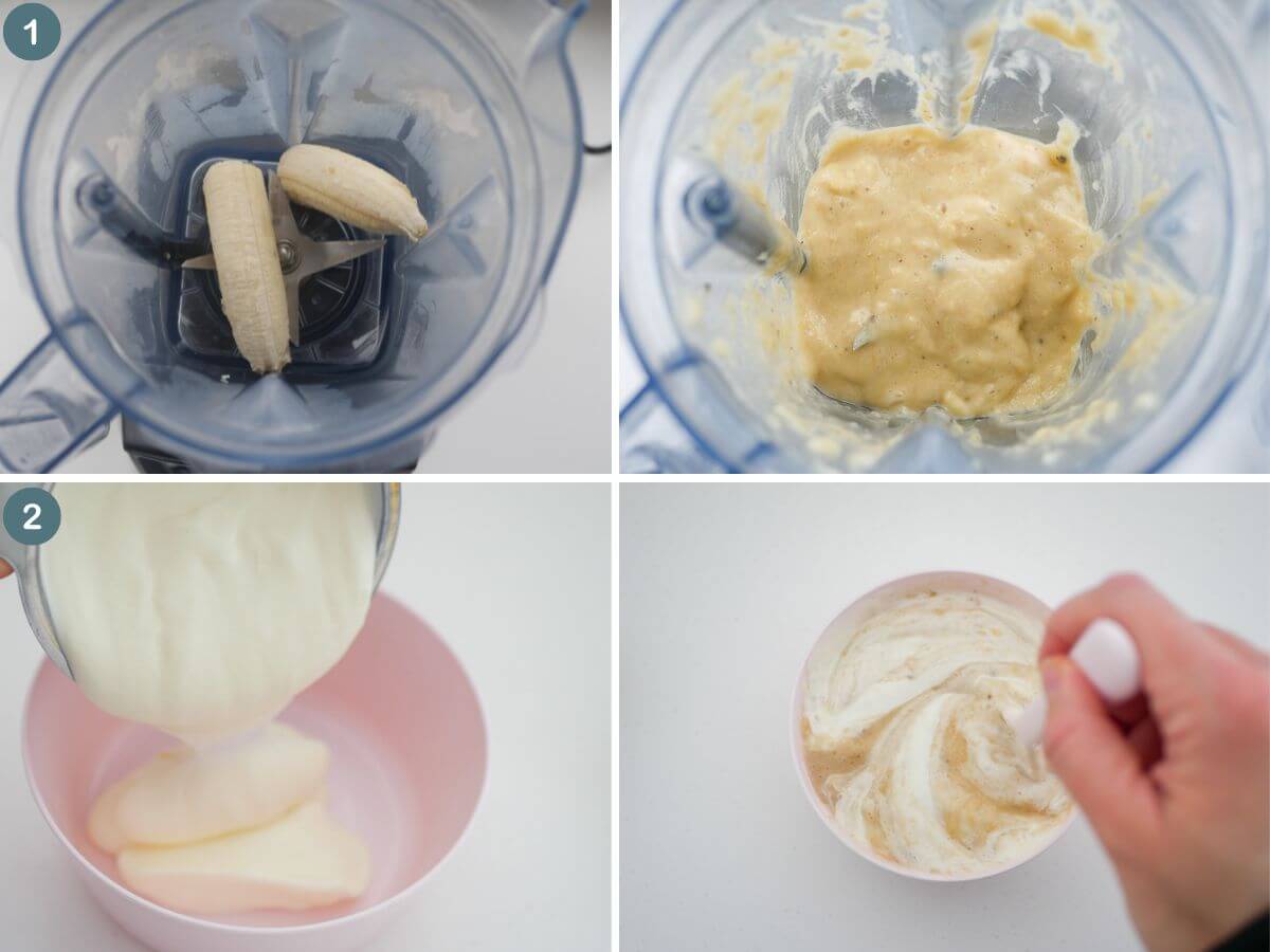 collage of 4 process shots showing step by step how to make banana yogurt