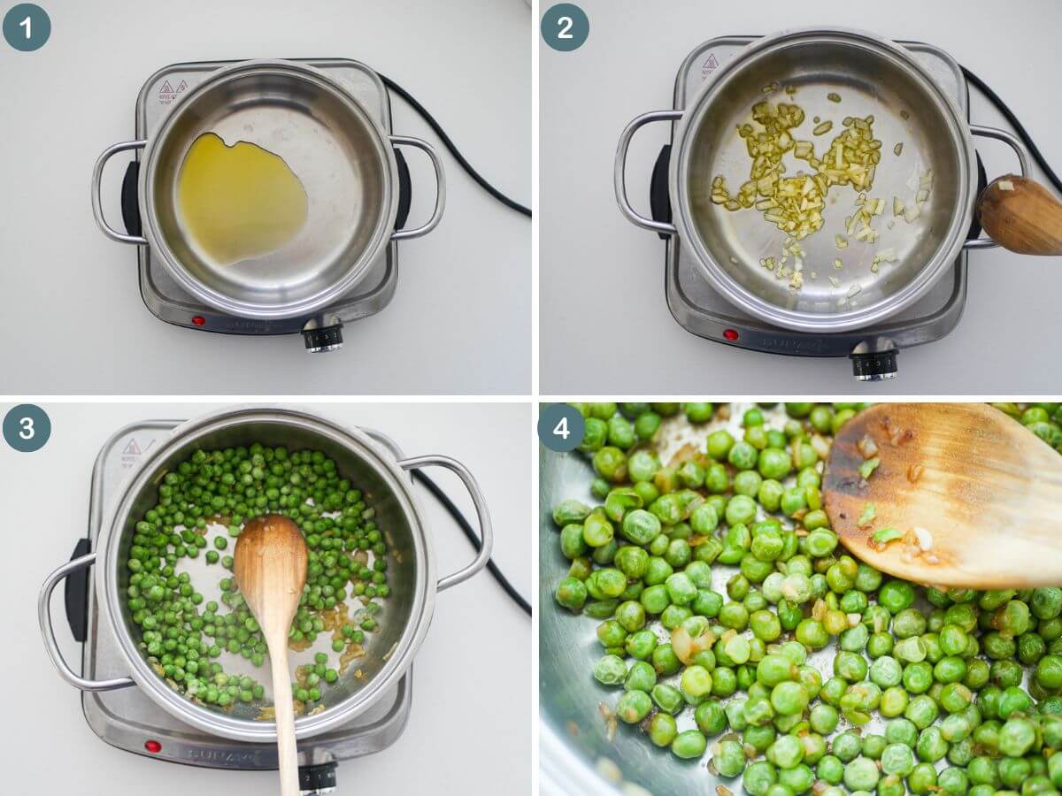 collage of 4 photos showing step by step how to cook frozen peas the best way