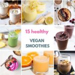collage of 8 photos of vegan smoothies with title in the middle