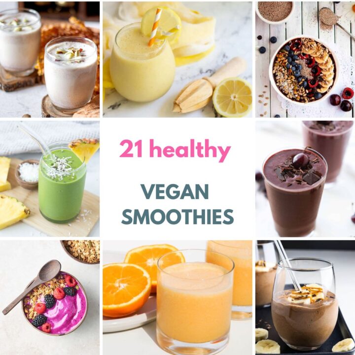 Featured image of 21 healthy vegan smoothies with pictures of 8 smoothies.