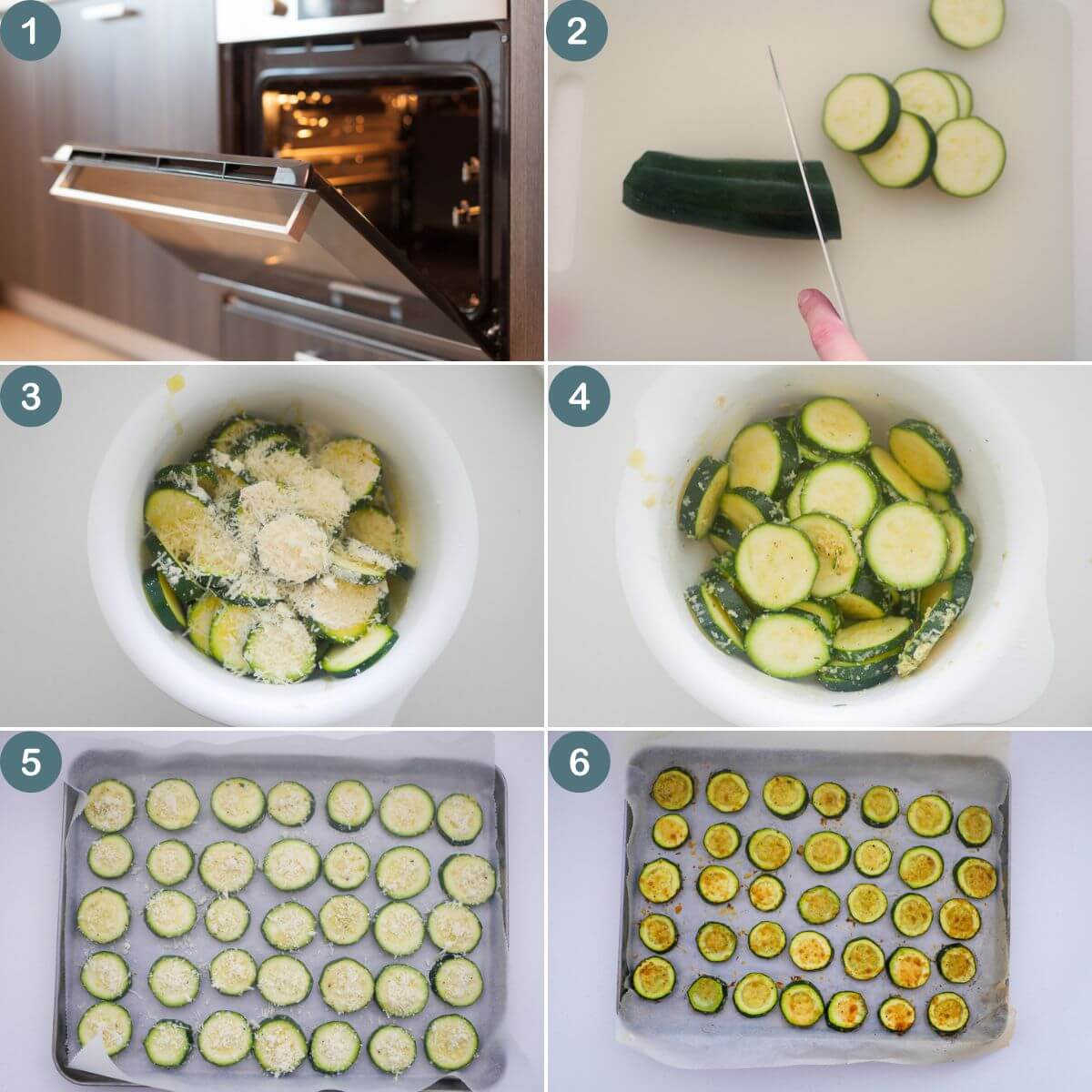 collage of 6 steps showing how to make roasted zucchini slices
