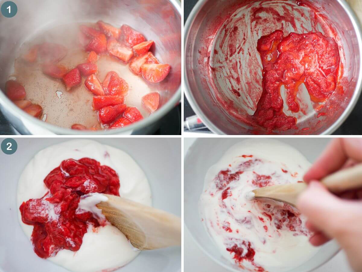 collage of 4 photos showing how to make strawberry yogurt