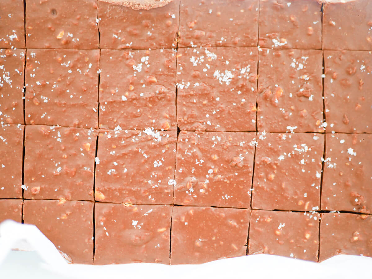 top down view of squared 2 ingredient peanut butter fudge