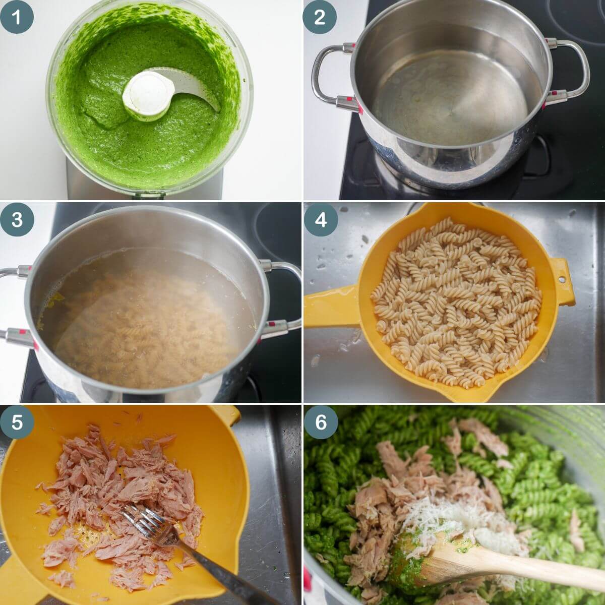 collage of photos showing creamy tuna pesto pasta