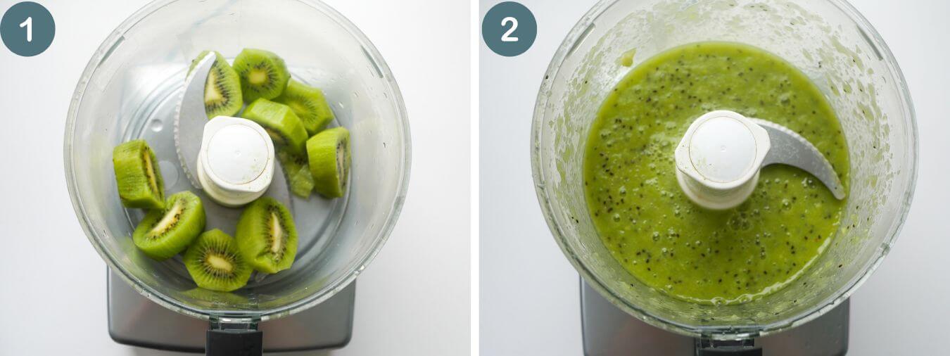 2 process shots showing kiwis before and after blending