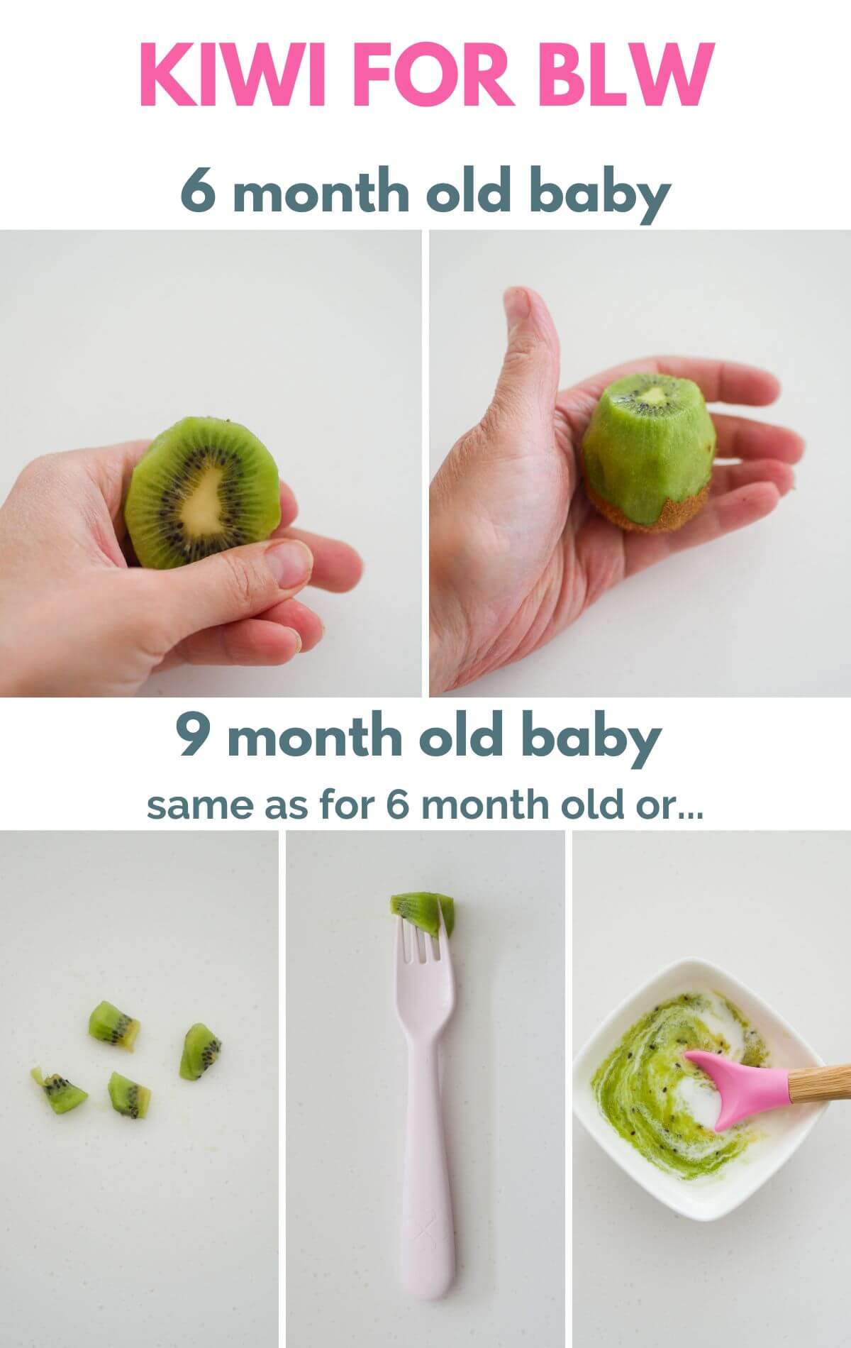 collage of 5 photos showing how to cut kiwi for baby-led weaning (blw)