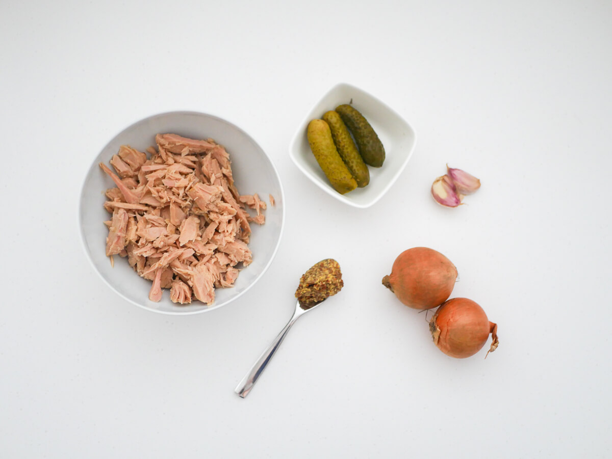 ingredients on a white background for tuna dip