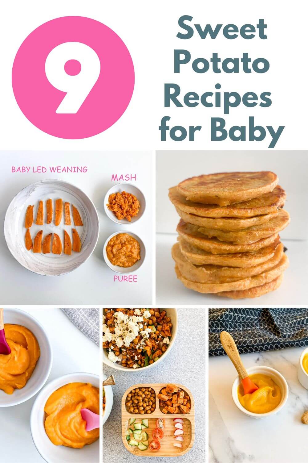 title with large number and 5 images of baby recipes with sweet potato