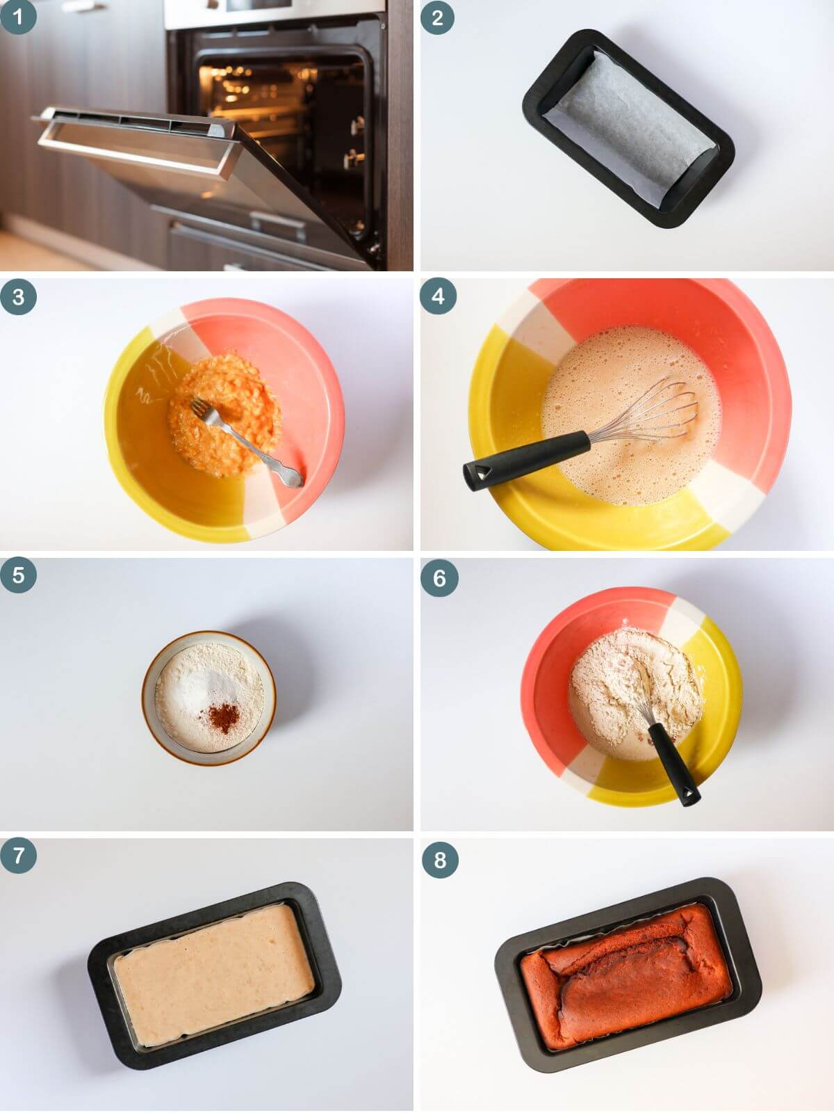 collage of 8 images showing how to make sugar-free banana bread.