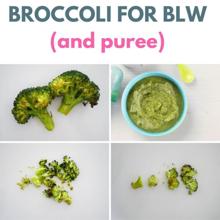 title with 4 images showing different ways of serving broccoli for baby food