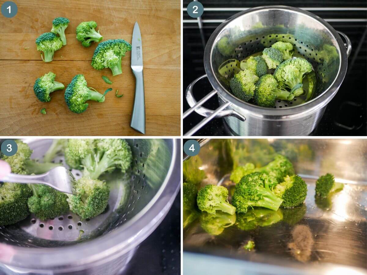 collage showing how to steam broccoli florets for baby food