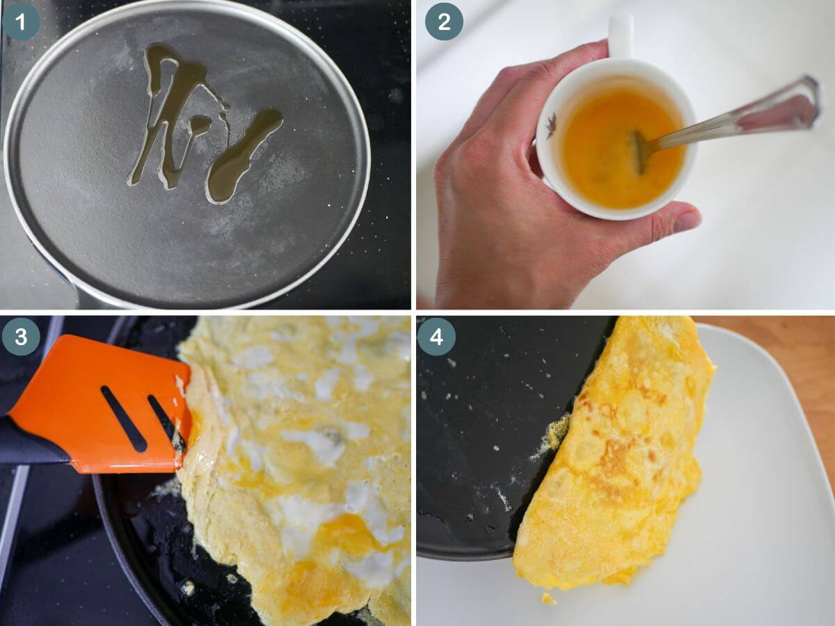 4 process shots showing how to make egg omelete