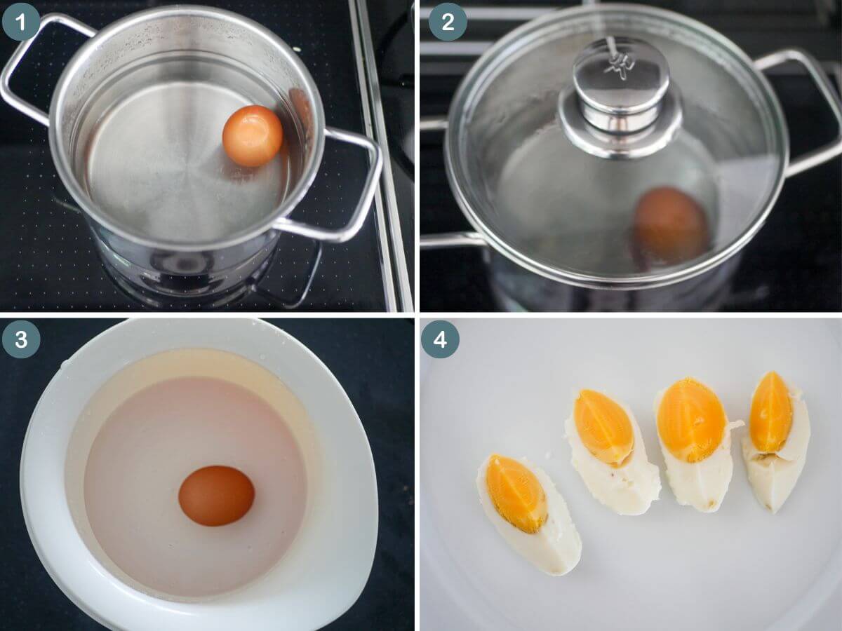 4 process shots showing how to boil eggs for baby