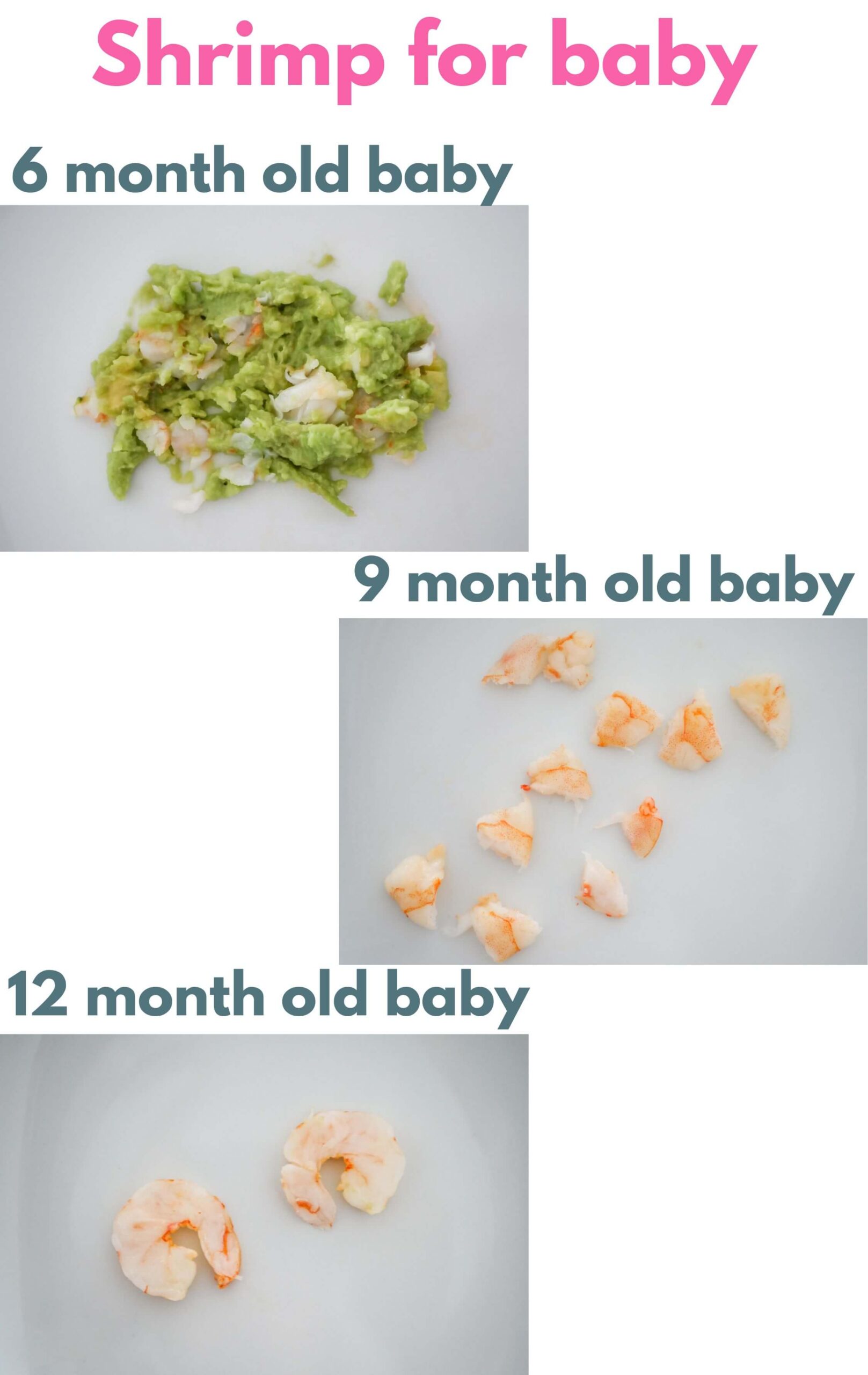 image showing 3 different images of how to serve shrimp for baby