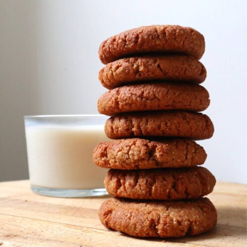 stacked cookies on wooden tray