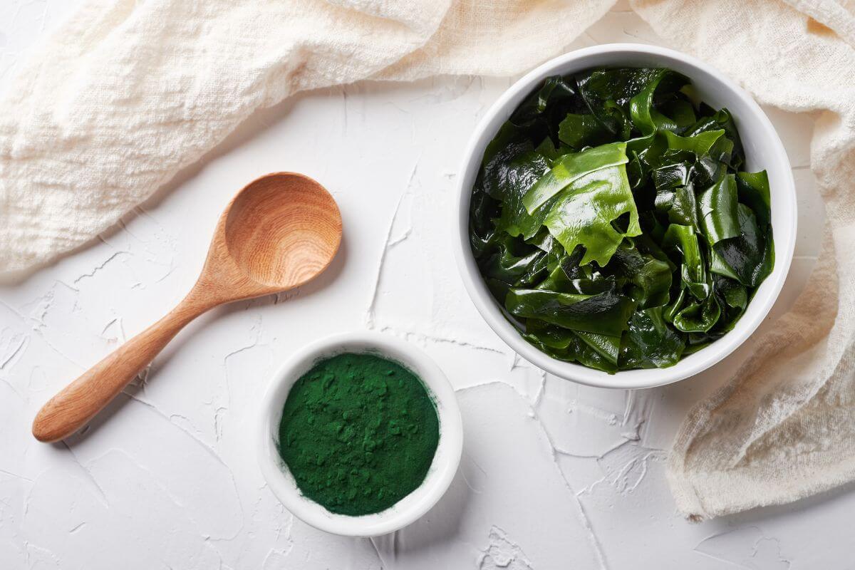 A bowl of fresh kelp next to a smaller bowl of powdered kelp (super foods that start with K)