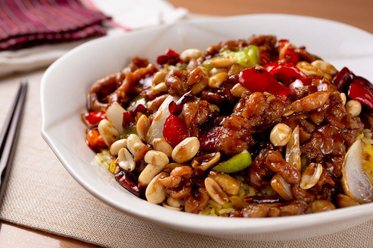 A bowl of kung pao chicken