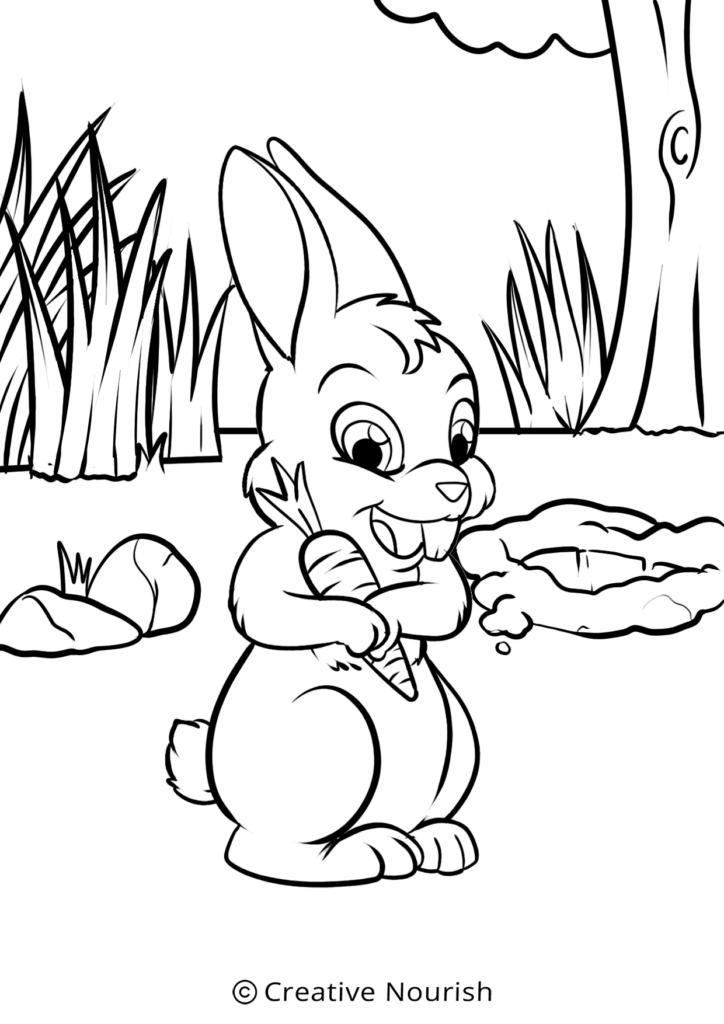 Bunny holding a carrot printable coloring page for babies