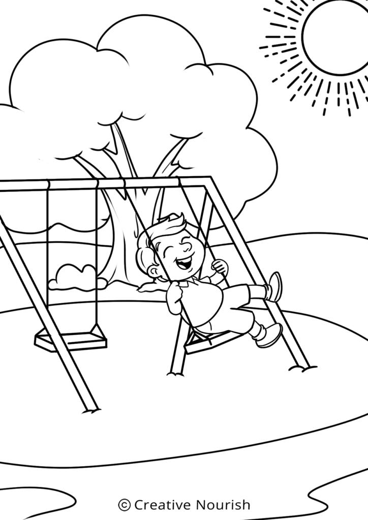 A printable baby coloring page of a child on a swing