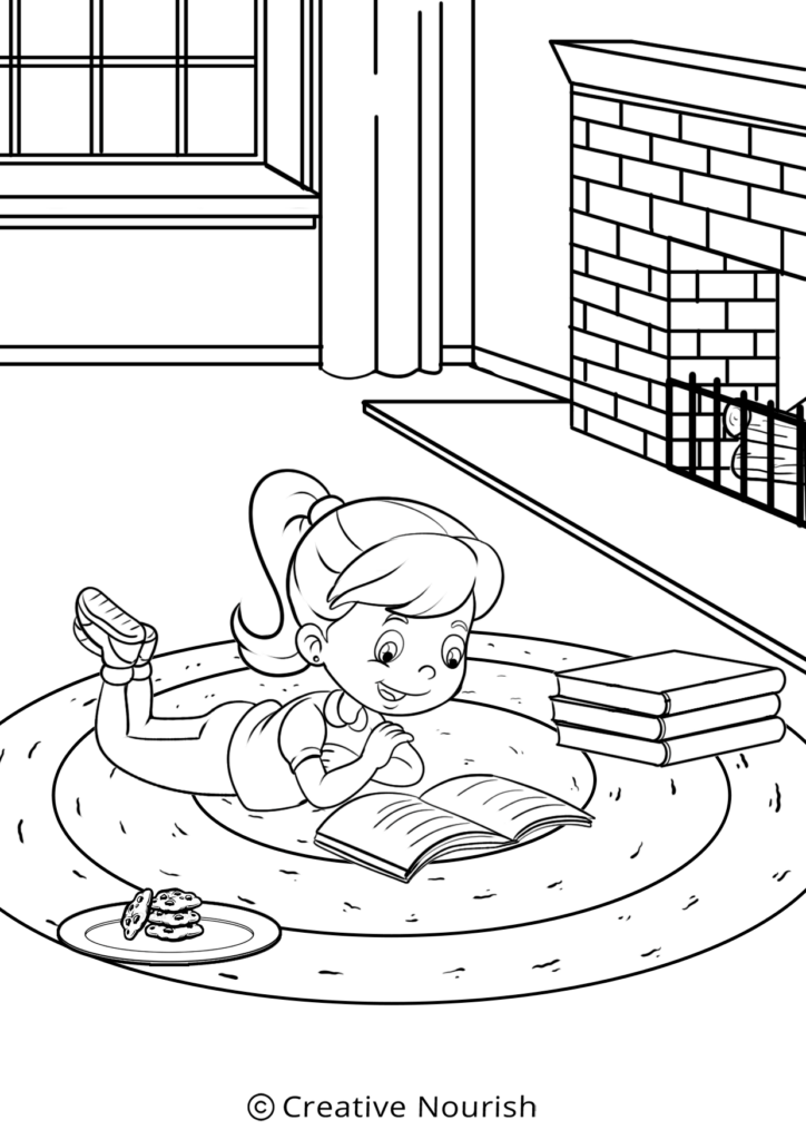 A coloring page of a girl lying on the floor reading a book next to a plate of cookies
