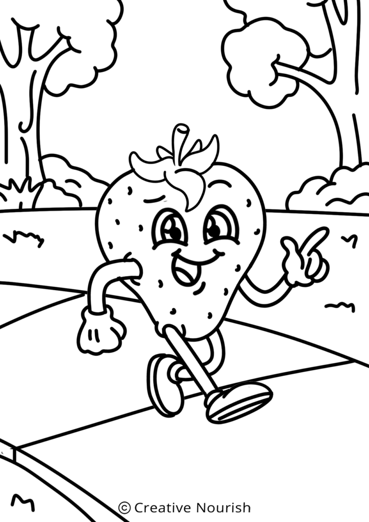 A happy strawberry walking down the street as a coloring page