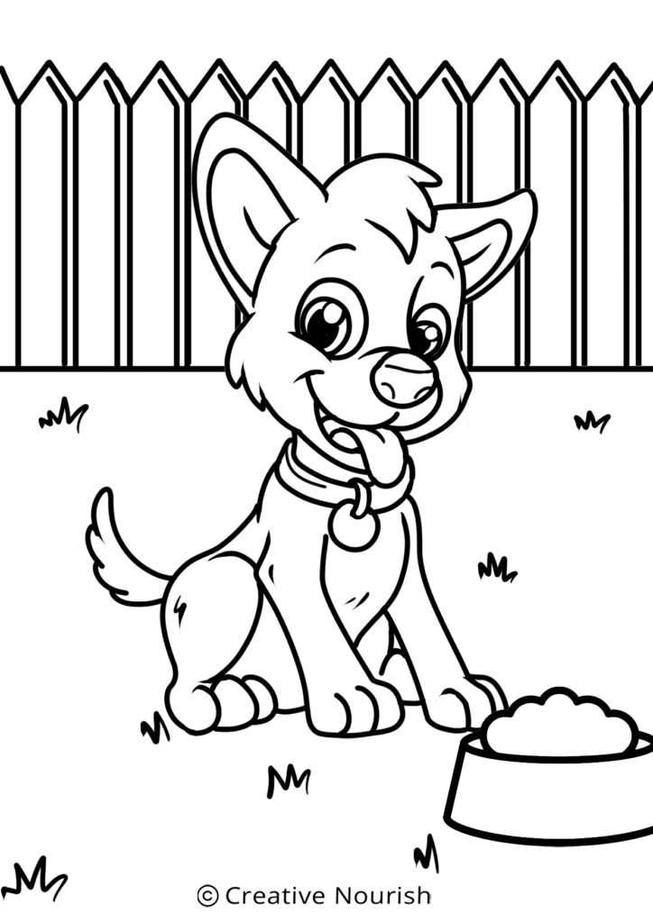 Coloring page of a dog sitting in a park