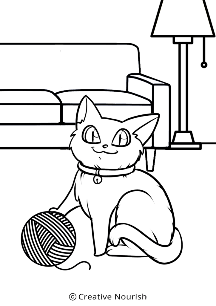 Cat playing with a ball of string printable coloring page