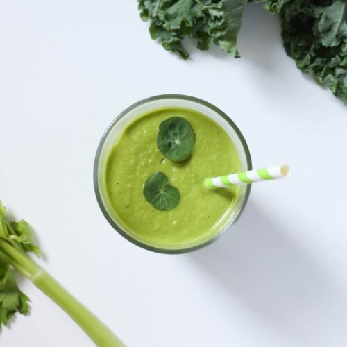 Top down view of the green kale spianch smoothie.