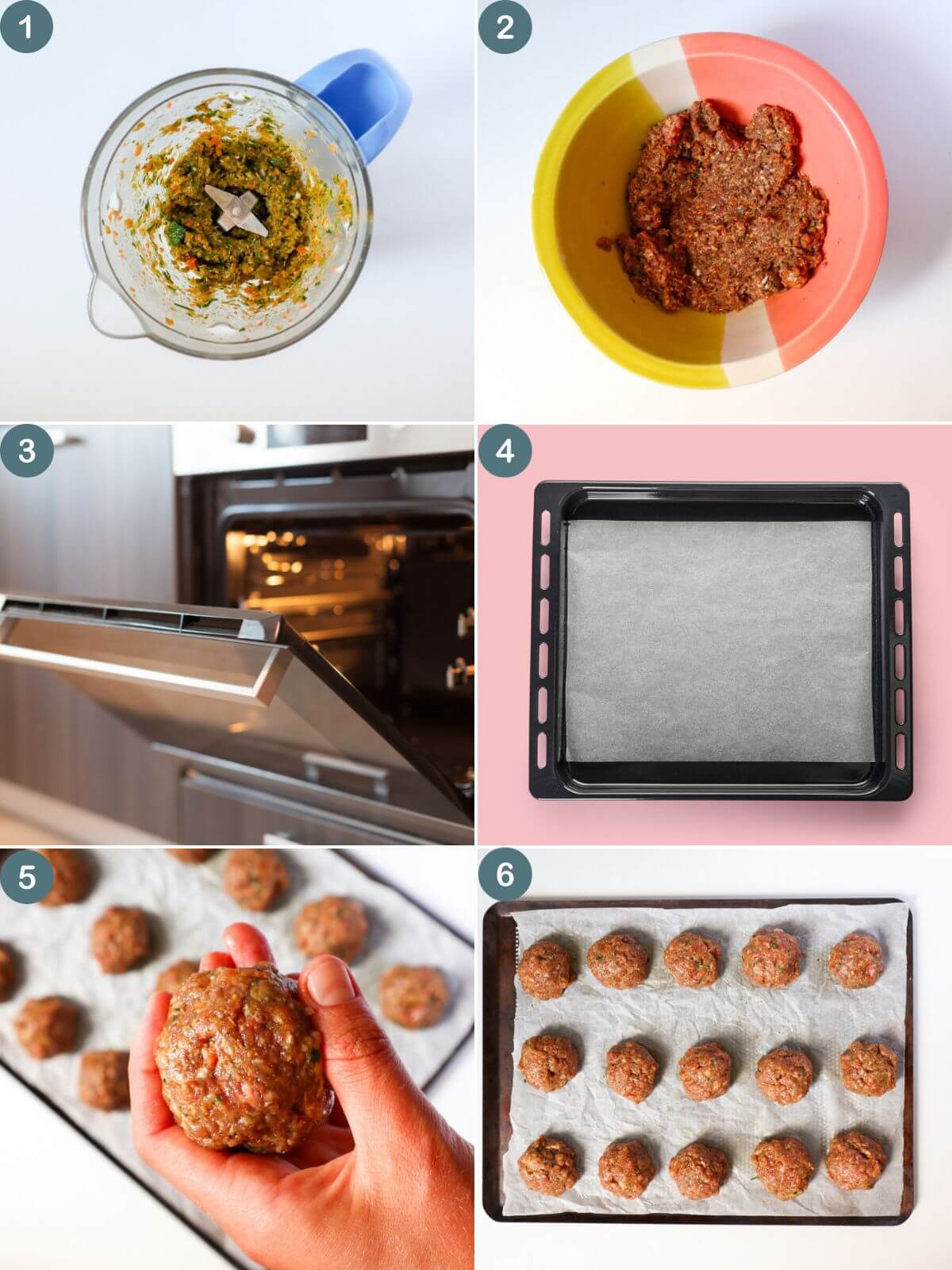 collage of 6 images showing how to make these meatballs.