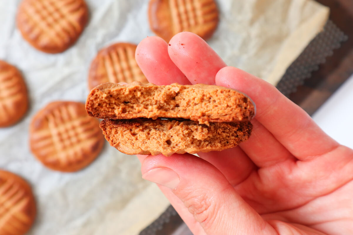 hand holding a halved peanut butter cookie