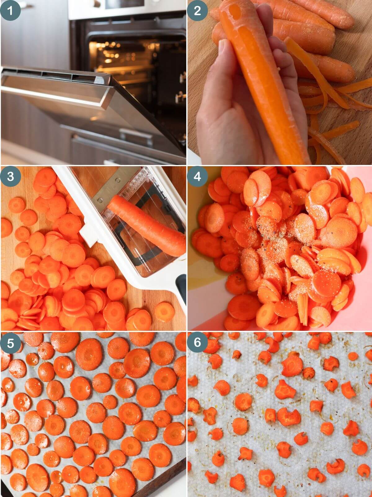collage of 6 process shots showing how to make crispy carrot chips.