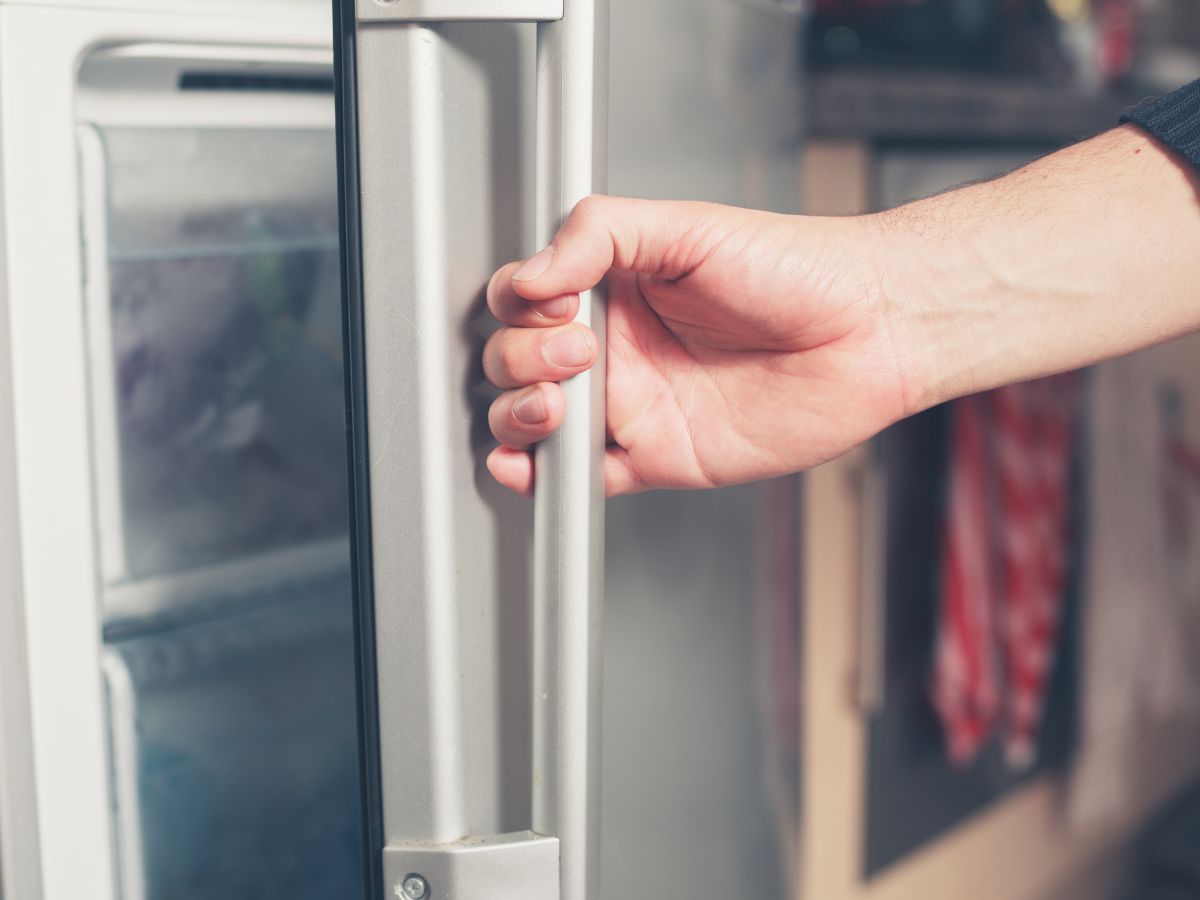 Hand opening the freezer. 