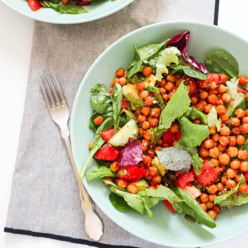 Chickpea salad with avocado in a bowl.