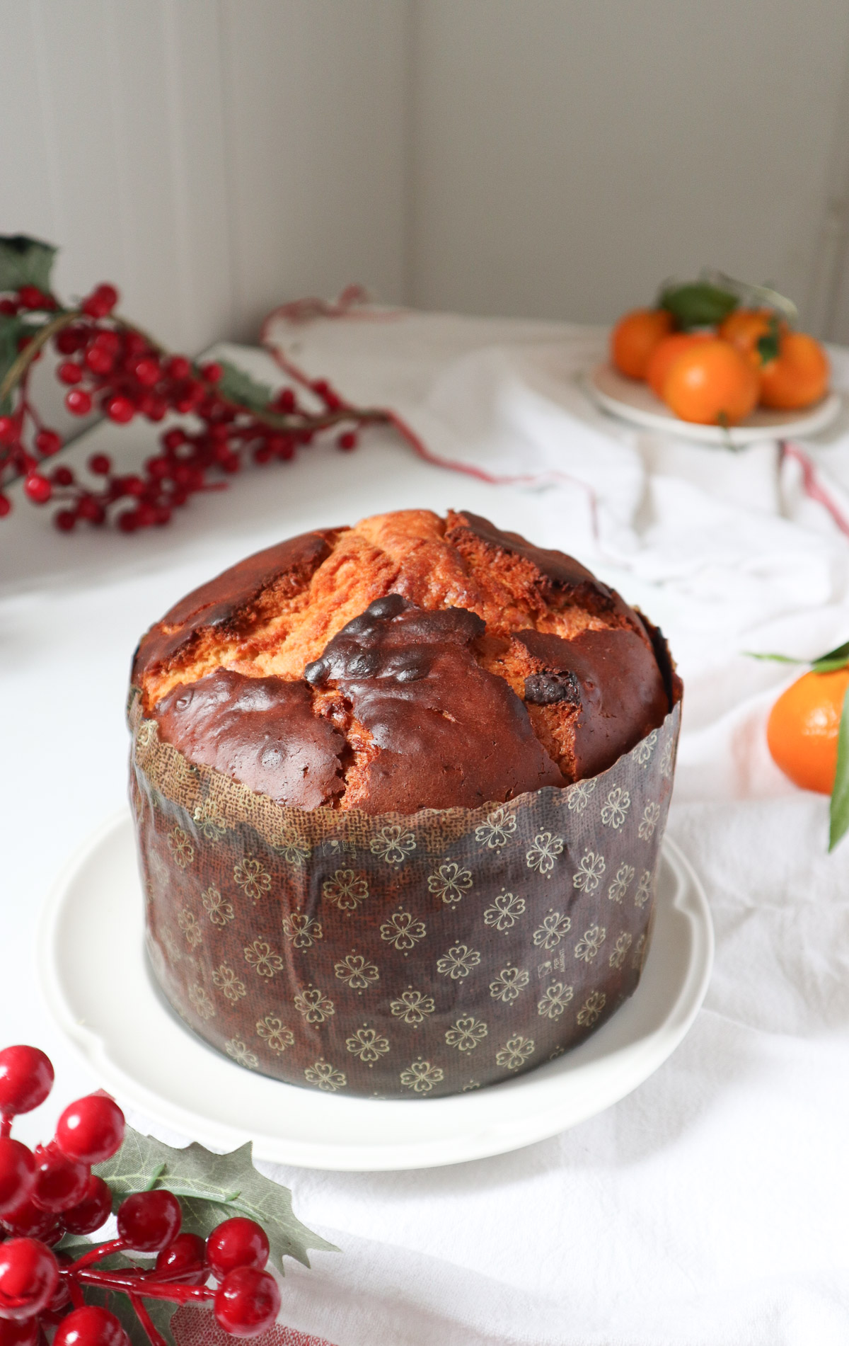 Full frontal of the hazelnut and chocolate chip panettone. 