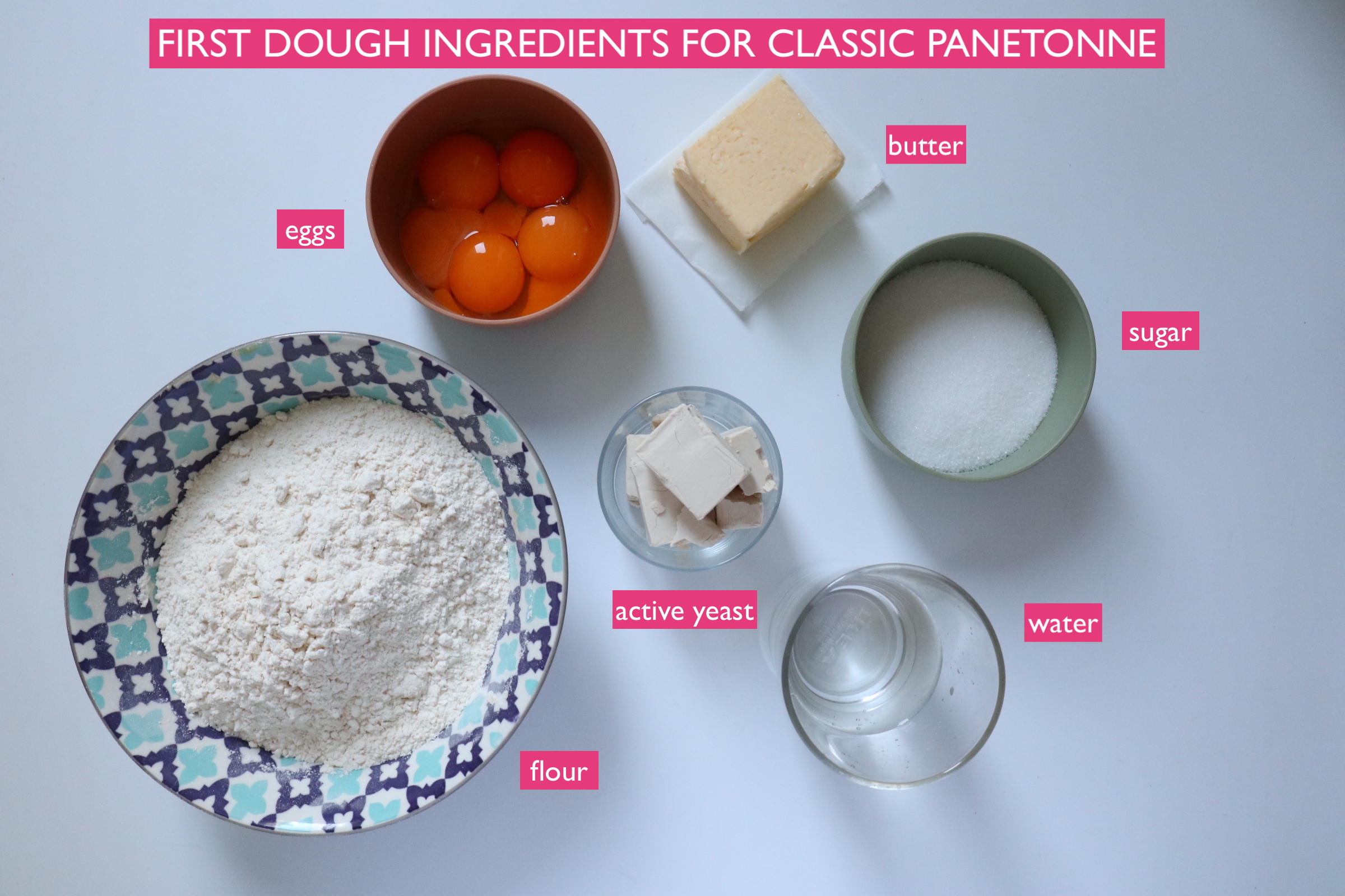 Labelled ingredients on white background.