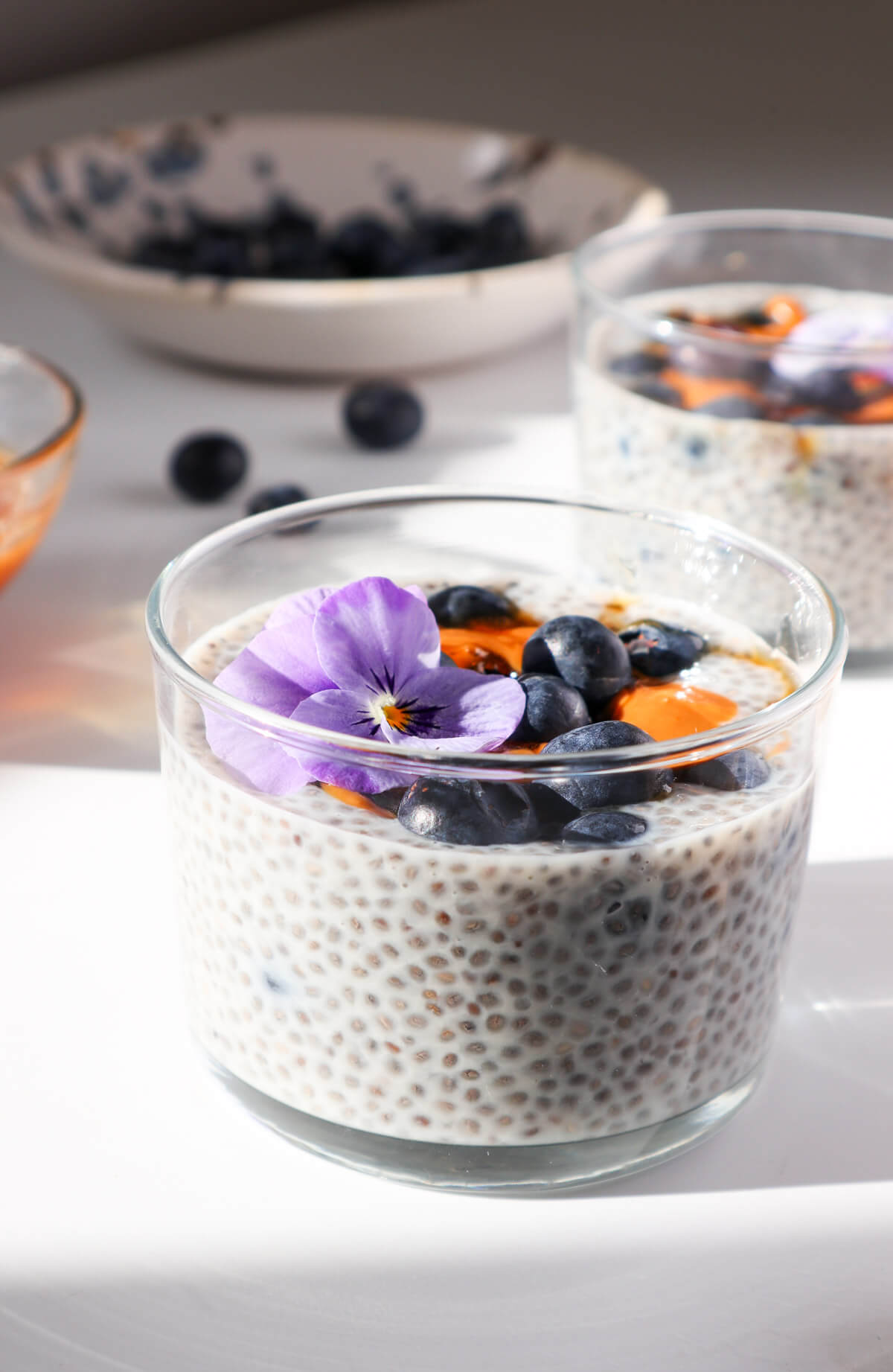 Oat milk chia pudding with flower on top