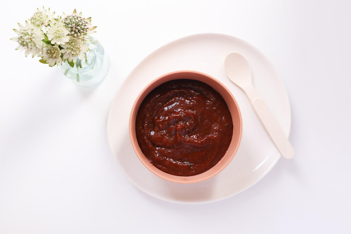 Prune puree in a kids bowl. 